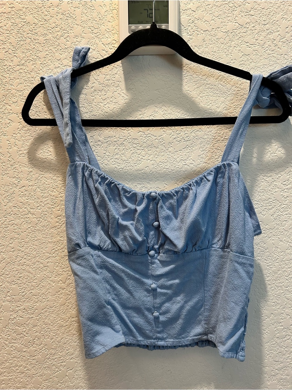 Sienna Sky Light Blue Tie-Shoulder Button Crop Top